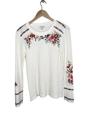 Sundance White Embroidered Floral Long Sleeve Thermal Waffle Knit Top Medium
